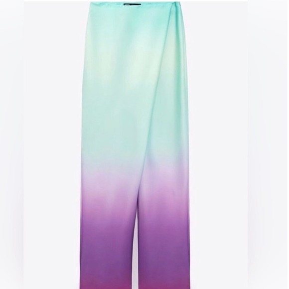 Zara Ombre Satin Pants High Waist Wide Leg Flowy Mint Purple Side Zip XS NWT - Picture 3 of 15